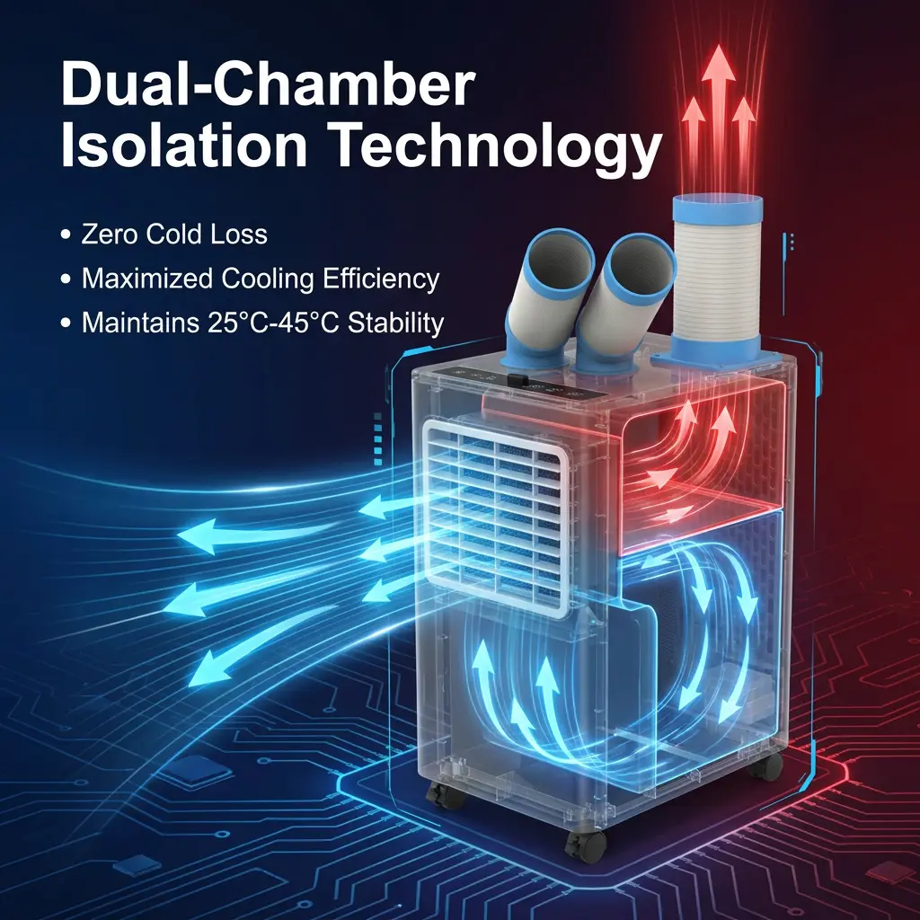 OEM White Metal Body 24 7 Dual Duct Cold Heat Isolation Portable Spot Cooler เครื่องปรับอากาศอุตสาหกรรมสำหรับการประชุมเชิงปฏิบัติการ