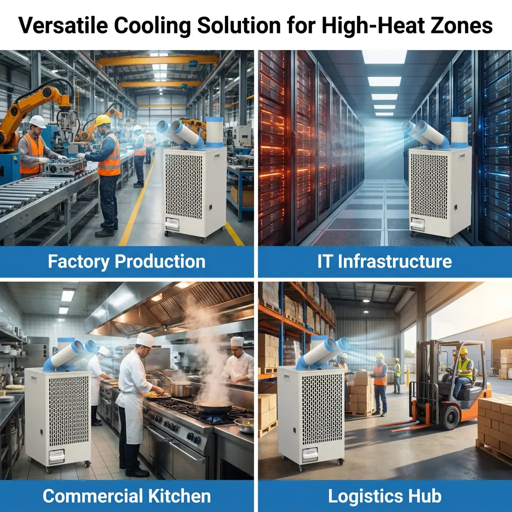 OEM White Metal Body 24 7 Dual Duct Cold Heat Isolation Portable Spot Cooler เครื่องปรับอากาศอุตสาหกรรมสำหรับการประชุมเชิงปฏิบัติการ