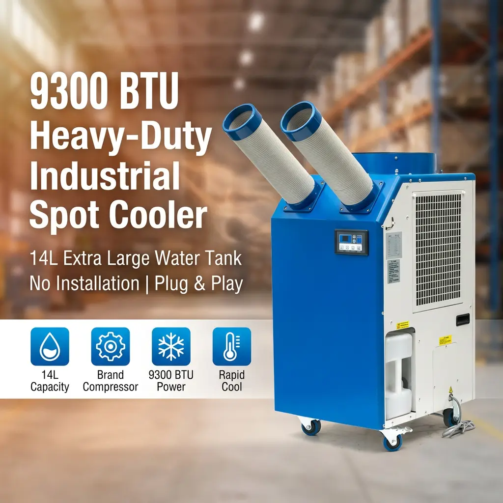 OEM 14L ถังขนาดใหญ่ 2700W Power 9300BTU คอมเพรสเซอร์โรตารี่แบบพกพา Spot Cooler เครื่องปรับอากาศอุตสาหกรรมสำหรับ Workshop