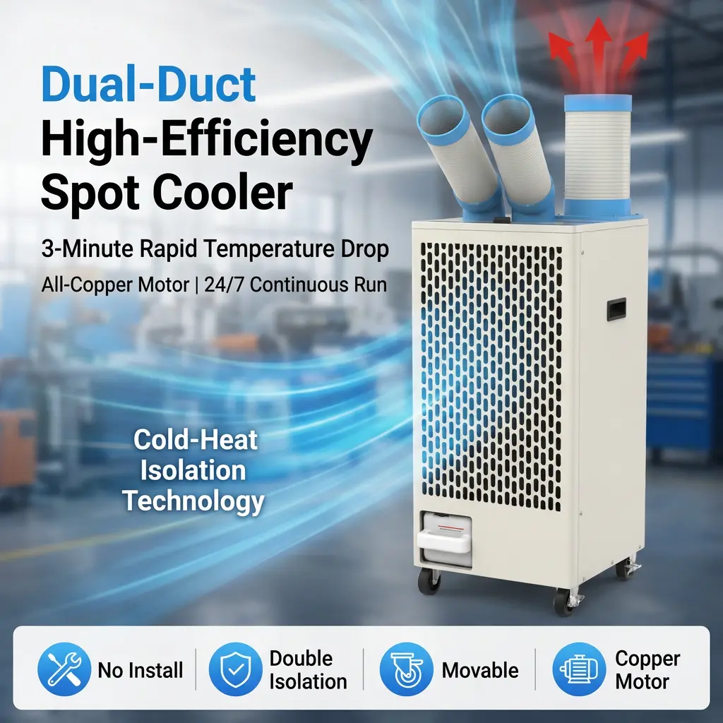 OEM White Metal Body 24 7 Dual Duct Cold Heat Isolation Portable Spot Cooler เครื่องปรับอากาศอุตสาหกรรมสำหรับการประชุมเชิงปฏิบัติการ